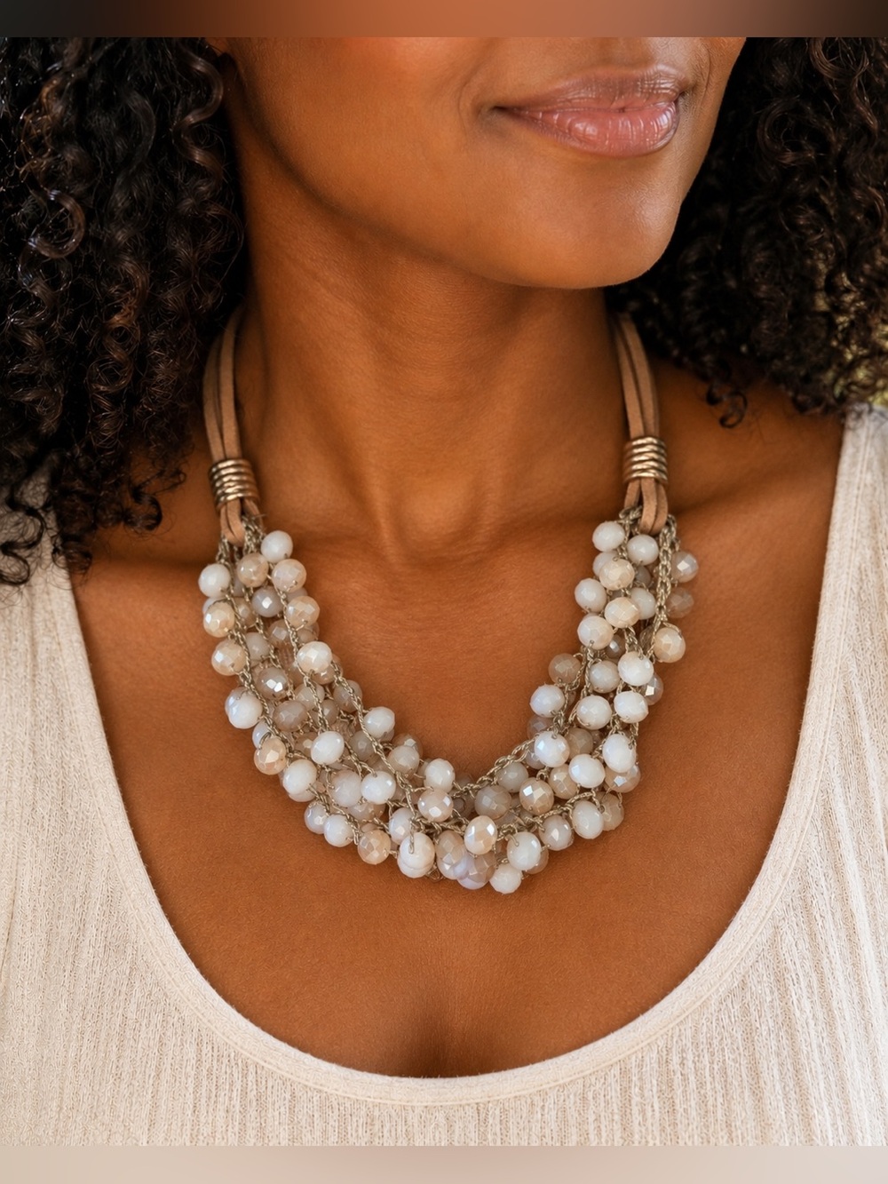 Cream White Beaded Bib Necklace Leather Cord Multi Strand Boho Statement